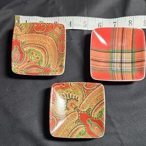 Pottery Barn Red and Green Paisley & Plaid Ceramic Accent Dishes